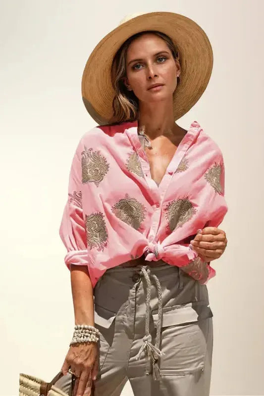 Comfortable plus size women's printed blouse. This elegant long sleeve top is perfect for work or casual fashion.
