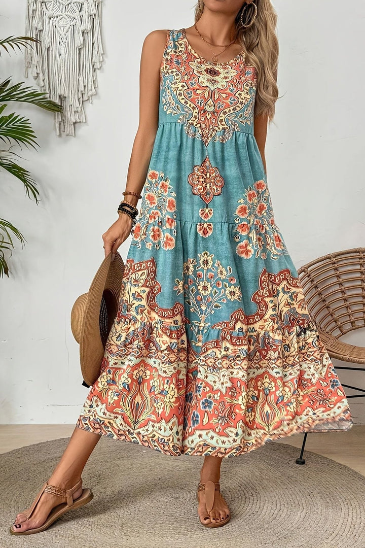 Elegant women's printed maxi dress with a flattering, flowy fit, perfect for versatile summer fashion.