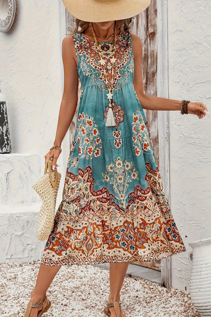 Women's printed maxi dress with a flattering V-neck, offering elegant style for any summer occasion.