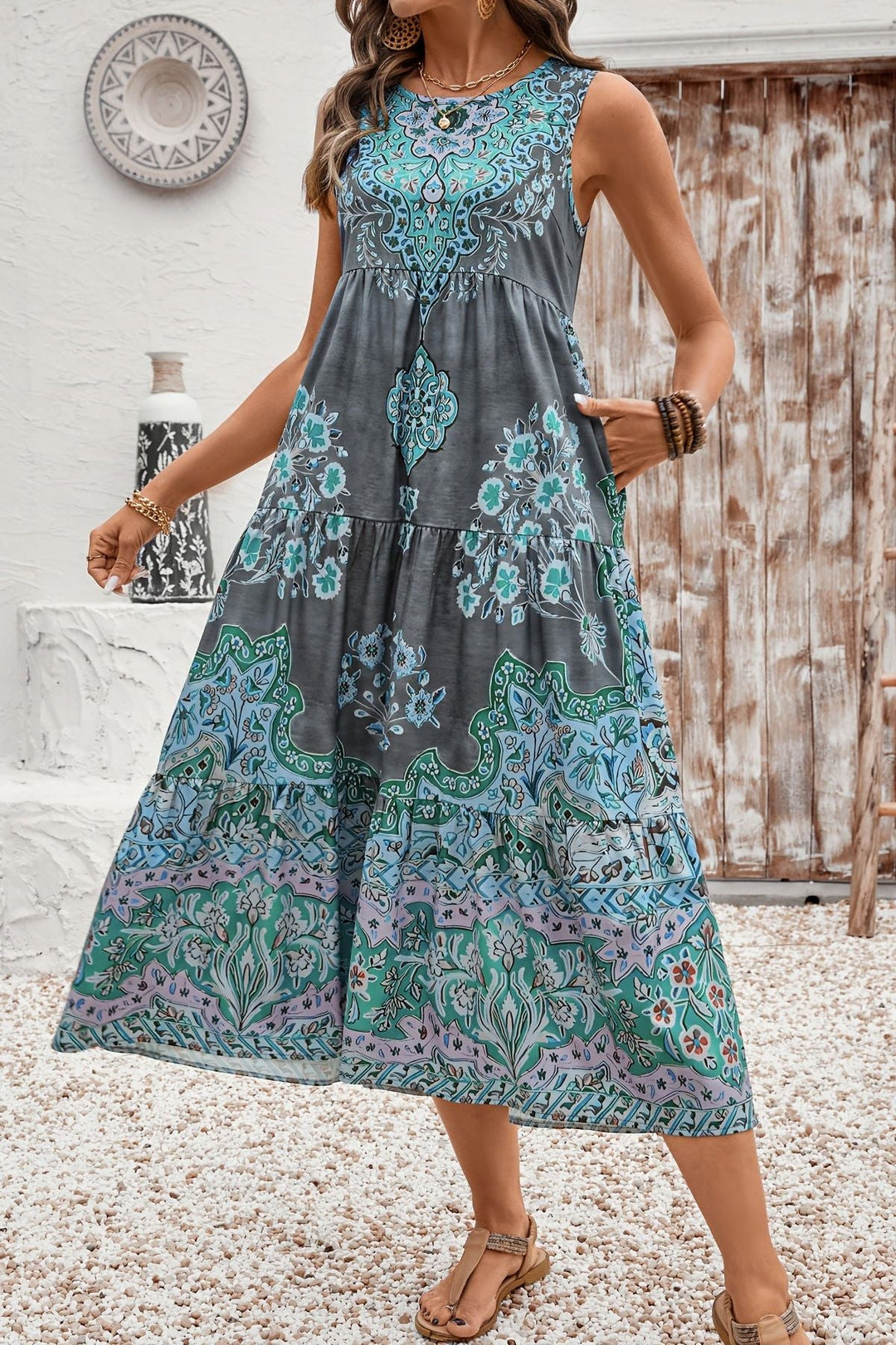 Lightweight women's printed summer maxi dress, perfect for warm weather fashion & versatile styling.