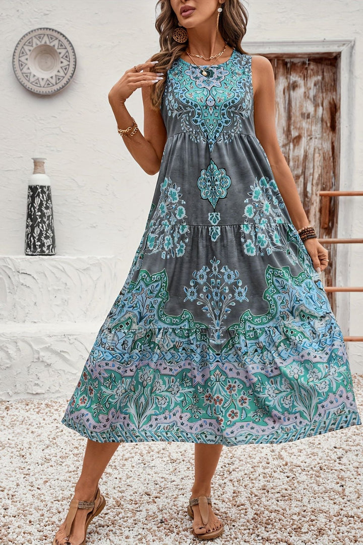 Women's printed maxi dress in motion, highlighting the flowy fabric and comfortable, elegant design.
