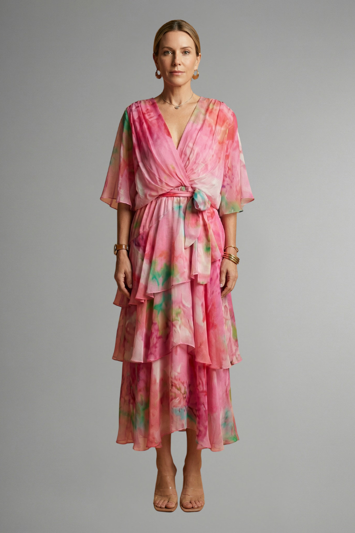 Flattering women's long sleeve V-neck maxi dress featuring a vibrant all-over print and graceful flow.