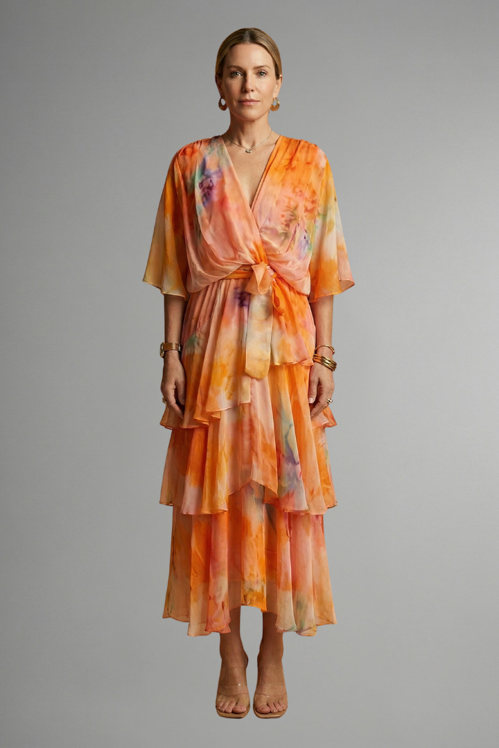 Casual yet elegant women's maxi dress with a vibrant print, V-neck, and long sleeves for spring/summer.