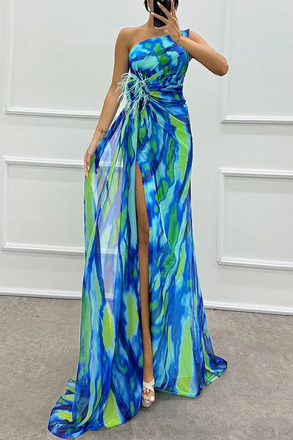 Elegant women's printed maxi wedding guest dress with delicate feather detail, perfect for special occasions.