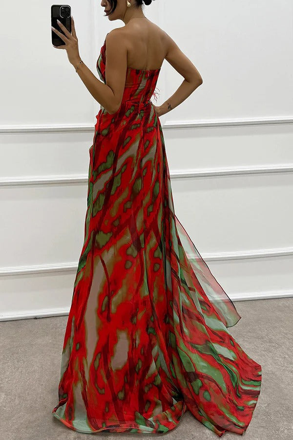 Vibrant printed maxi formal dress for women, featuring a stylish one-shoulder cut & delicate feather detail.