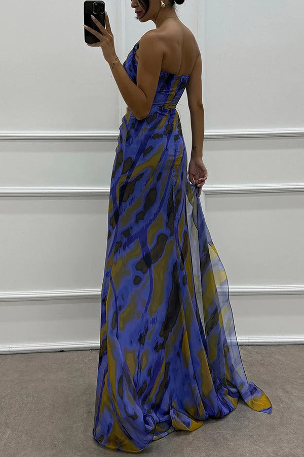 Fashionable women's printed maxi dress, an elegant wedding guest or gala dress with stunning feather accents.
