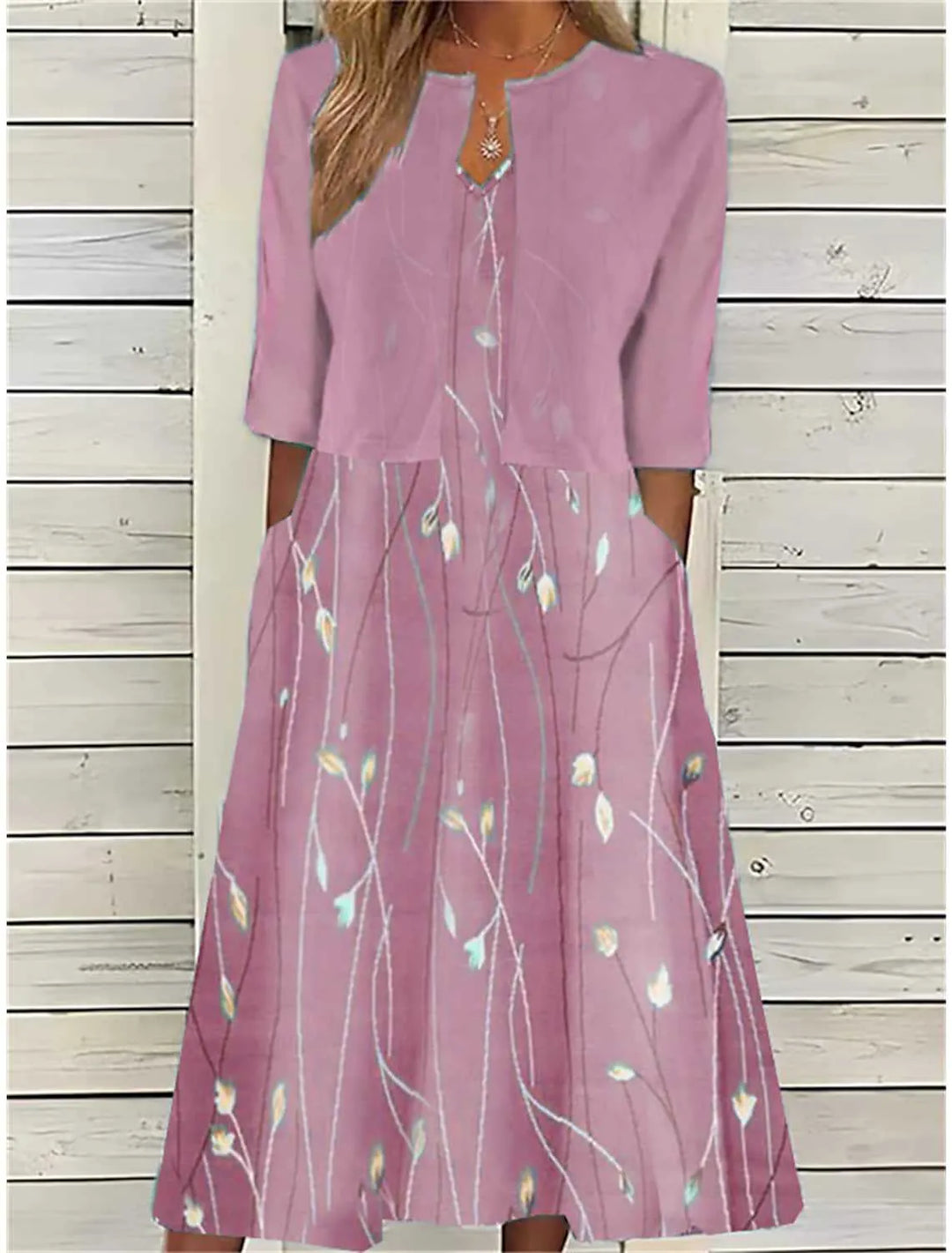 Stylish women's fit & flare midi dress and 3/4 sleeve cover-up set. Vibrant print, perfect for spring & summer fashion.