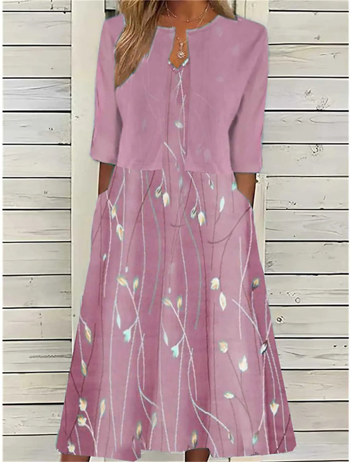 Stylish women's fit & flare midi dress and 3/4 sleeve cover-up set. Vibrant print, perfect for spring & summer fashion.