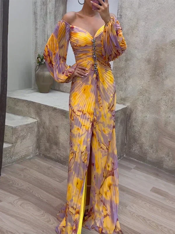 Elegant women's printed off-shoulder maxi dress, perfect for wedding guests. Colorful formal occasion wear.