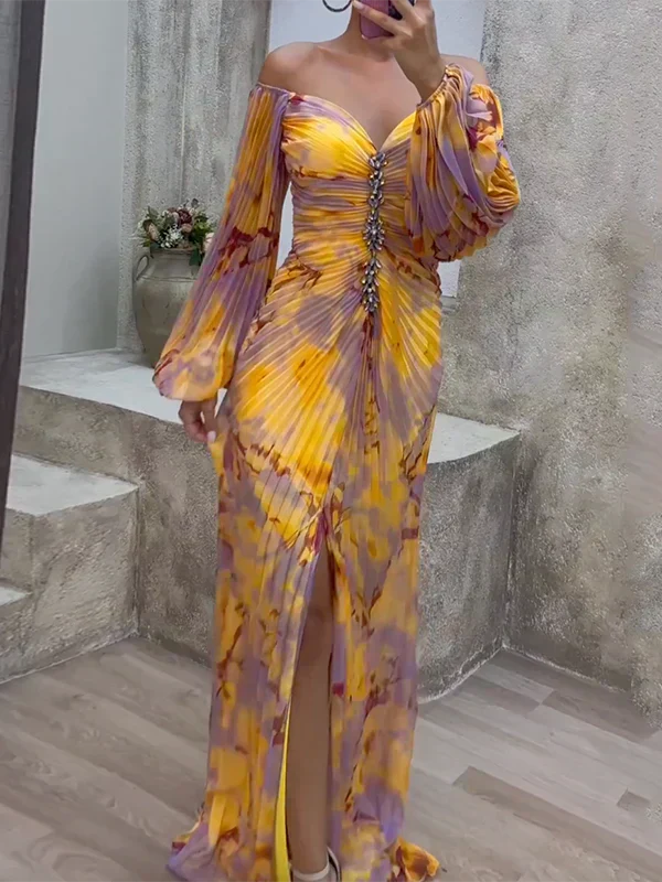 Stylish off-shoulder maxi wedding guest dress for women, vibrant print, ideal for formal evenings & galas.