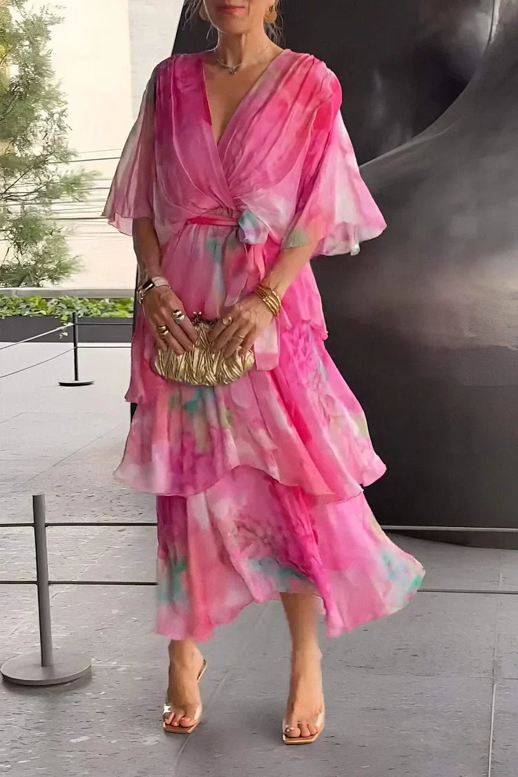 Beautiful women's printed tiered wrap dress. A formal long dress, elegant for evening wear or special occasions.