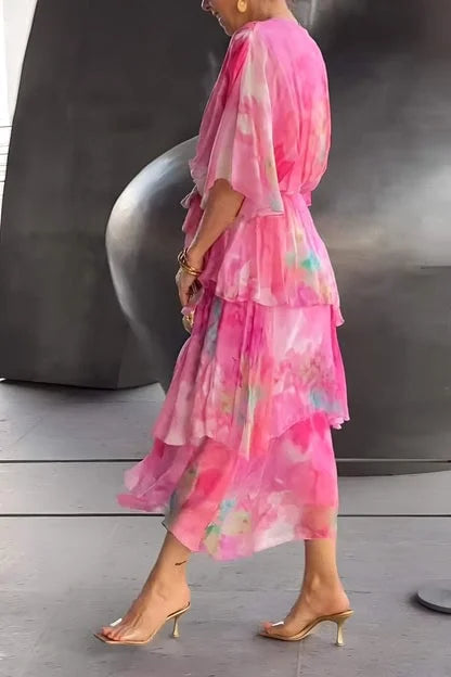Modest long tiered wrap dress with an elegant print. Comfortable women's summer dress for parties or formal gatherings.