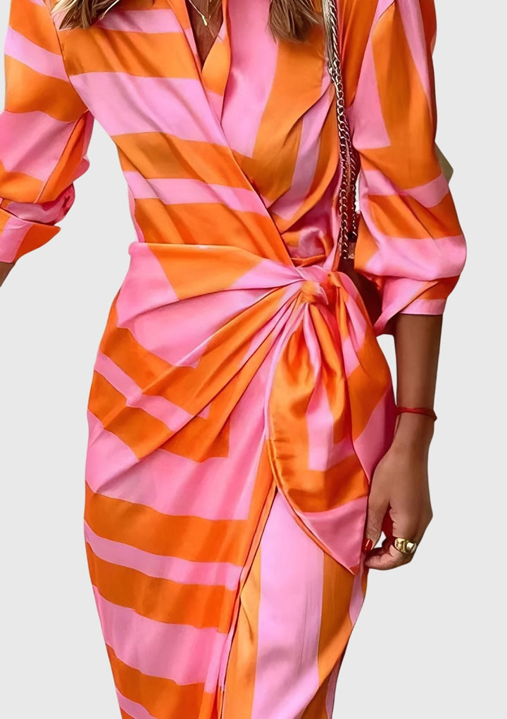 Beautiful women's spring wrap dress with elegant print; versatile, flattering & long style.
