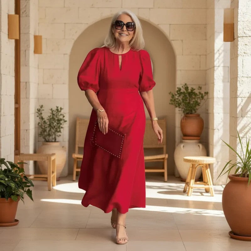 Elegant women's puff sleeve keyhole A-line midi dress. Perfect for wedding guests & special occasions.