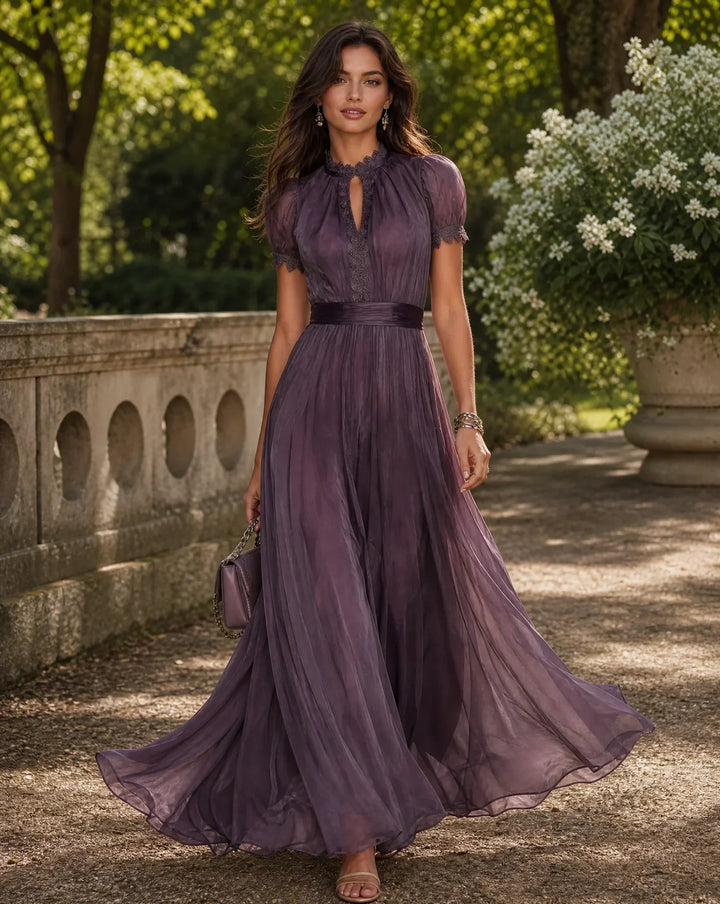 Elegant women's purple floral pleated long sleeve maxi dress. Ideal for formal evening or special occasions.