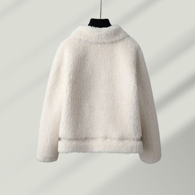 Back view of a women's elegant Renard wool blend sherpa coat, a must-have winter outerwear jacket