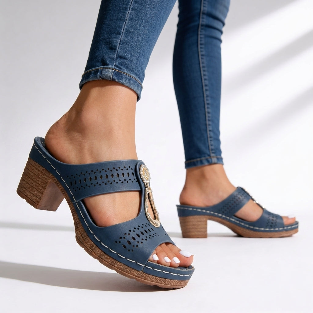 Comfortable open-toe women's block heel sandals with sparkling rhinestone T-strap and cushioned platform.