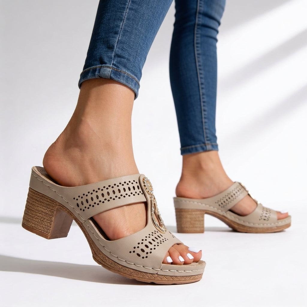 Stylish women's summer block heel sandals featuring a rhinestone T-strap, cushioned platform, and open toe.