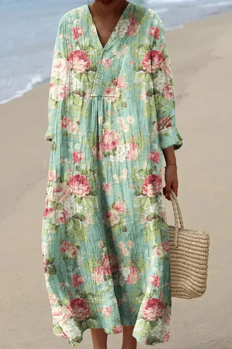 Elegant women's romantic floral V-neck midi dress with long sleeves, perfect for summer, spring, or bohemian style. On sale.