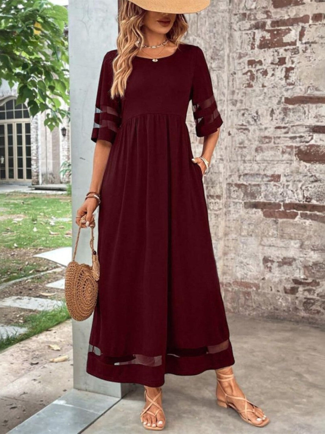 Versatile women's flowy long maxi dress, round neck with sheer sleeves, great for casual summer or elegant occasions.