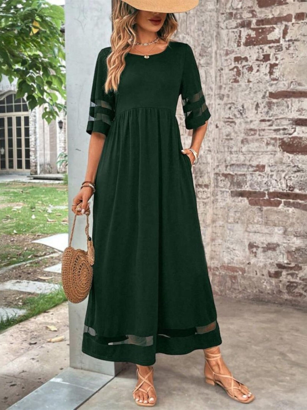 Chic women's round neck maxi dress featuring elegant sheer sleeves & a flattering gathered waist. Ideal for summer parties.