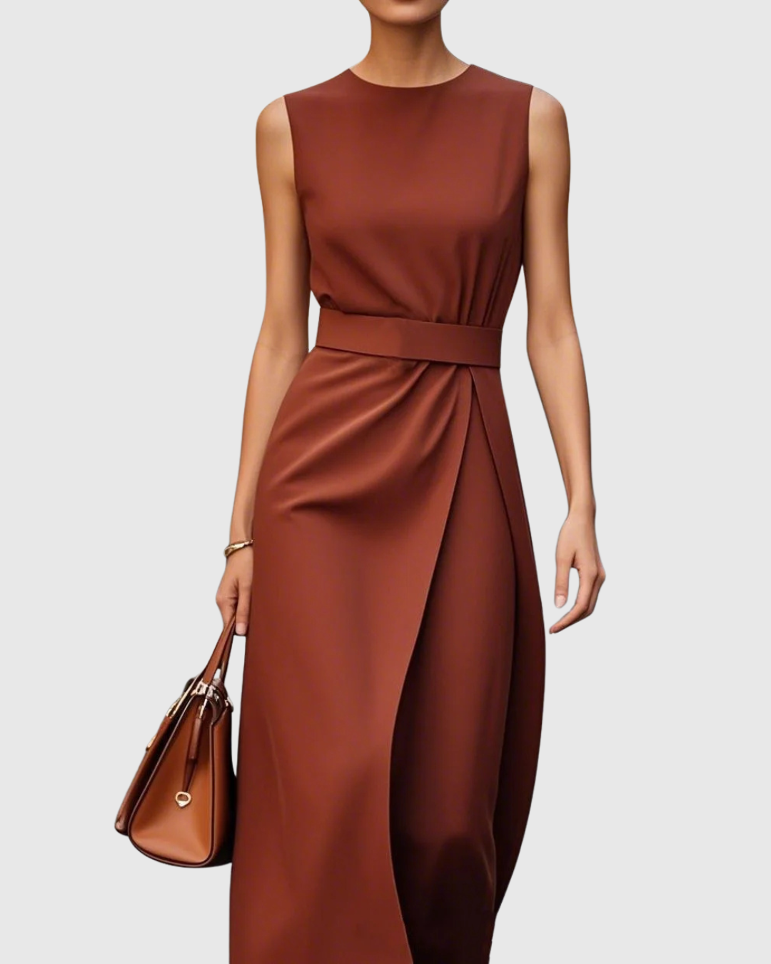Elegant women's round neck midi dress. Sleeveless, chic & versatile for sophisticated day or evening wear.