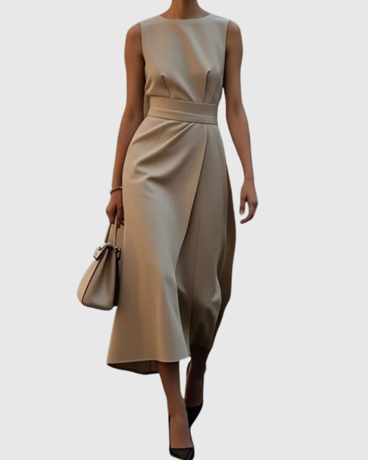 Sophisticated women's evening midi dress. Sleeveless, round neck, ensuring elegant style for special occasions.