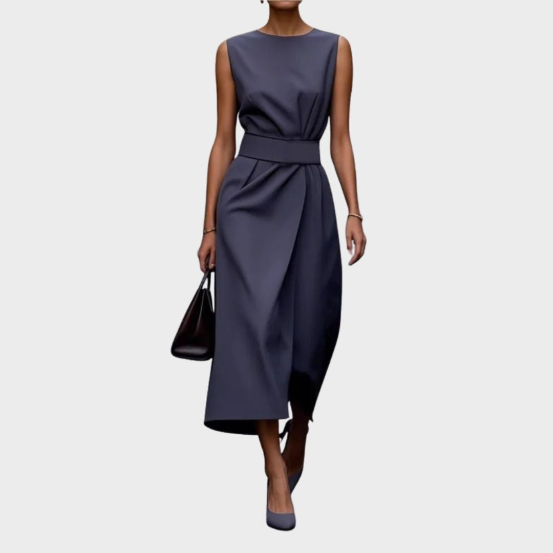 Classic women's round neck midi dress. Sleeveless, elegant, and versatile for a timeless, chic look.