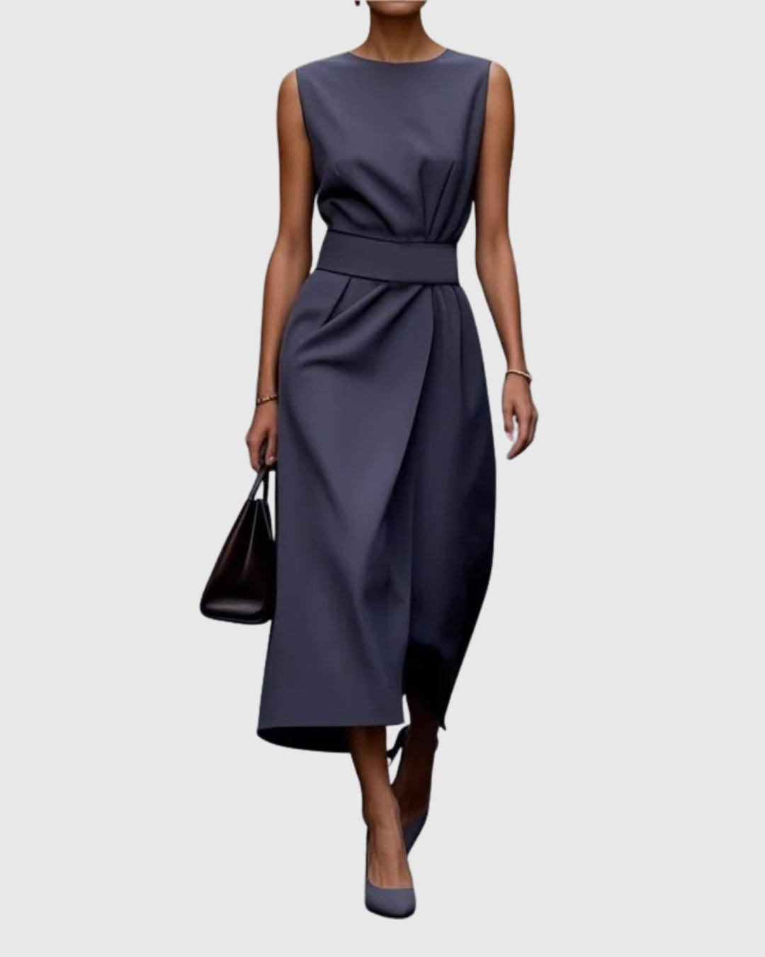 Effortless women's midi dress. Elegant round neck, sleeveless, flattering, and perfect for day-to-evening style.