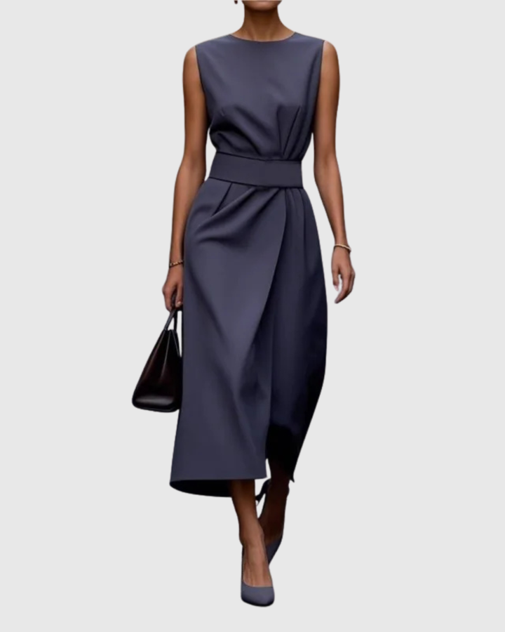 Effortless women's midi dress. Elegant round neck, sleeveless, flattering, and perfect for day-to-evening style.