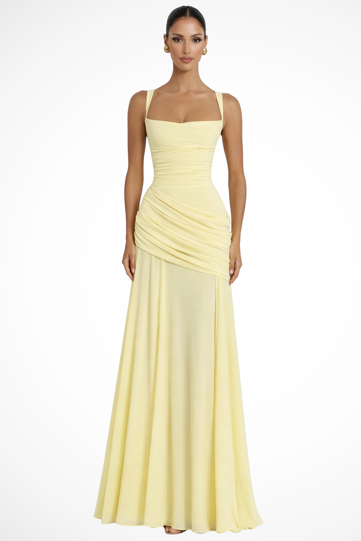 Elegant women's ruched A-line maxi dress for wedding guests. Features a square neck and flowing skirt, perfect for formal events.