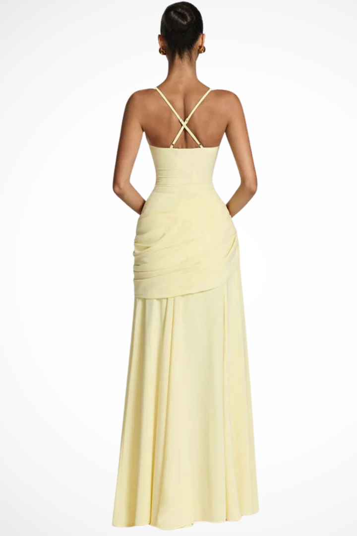Sunny yellow ruched A-line maxi dress for women, ideal as a wedding guest or formal party dress. Elegant and stylish.