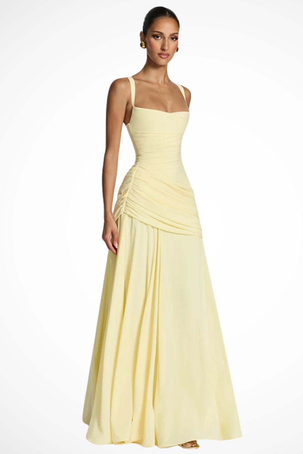 Chic navy blue ruched A-line maxi dress for women, perfect for evening gowns, wedding guests, and special occasions.