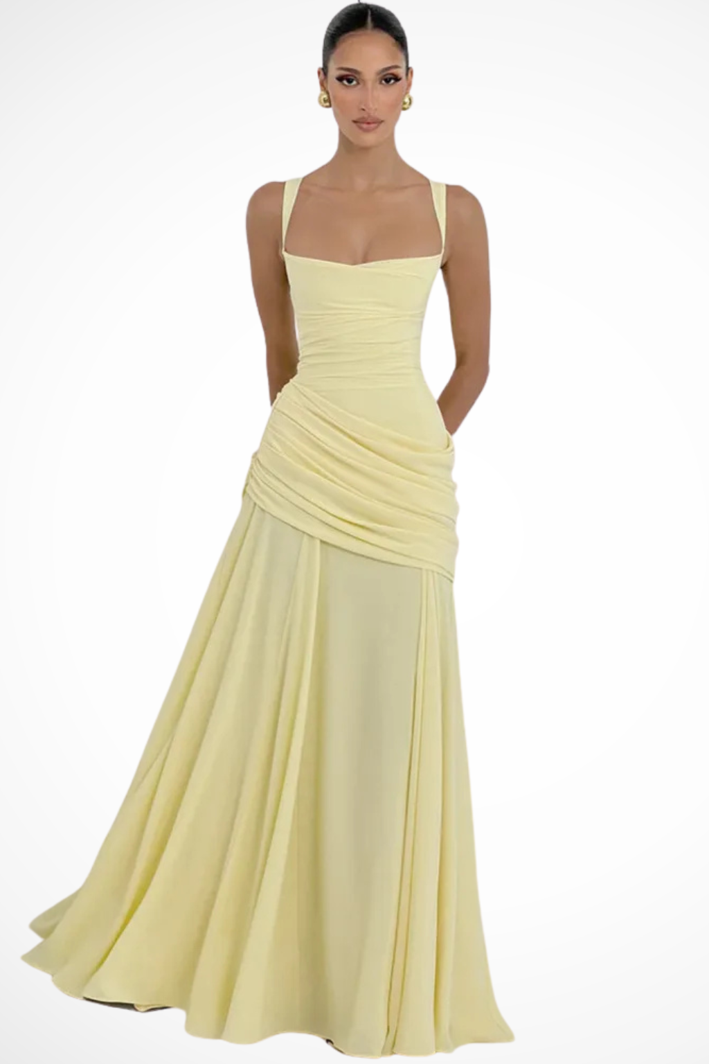 Women's elegant ruched A-line maxi dress with a square neck. Perfect formal evening gown for wedding guest or party.