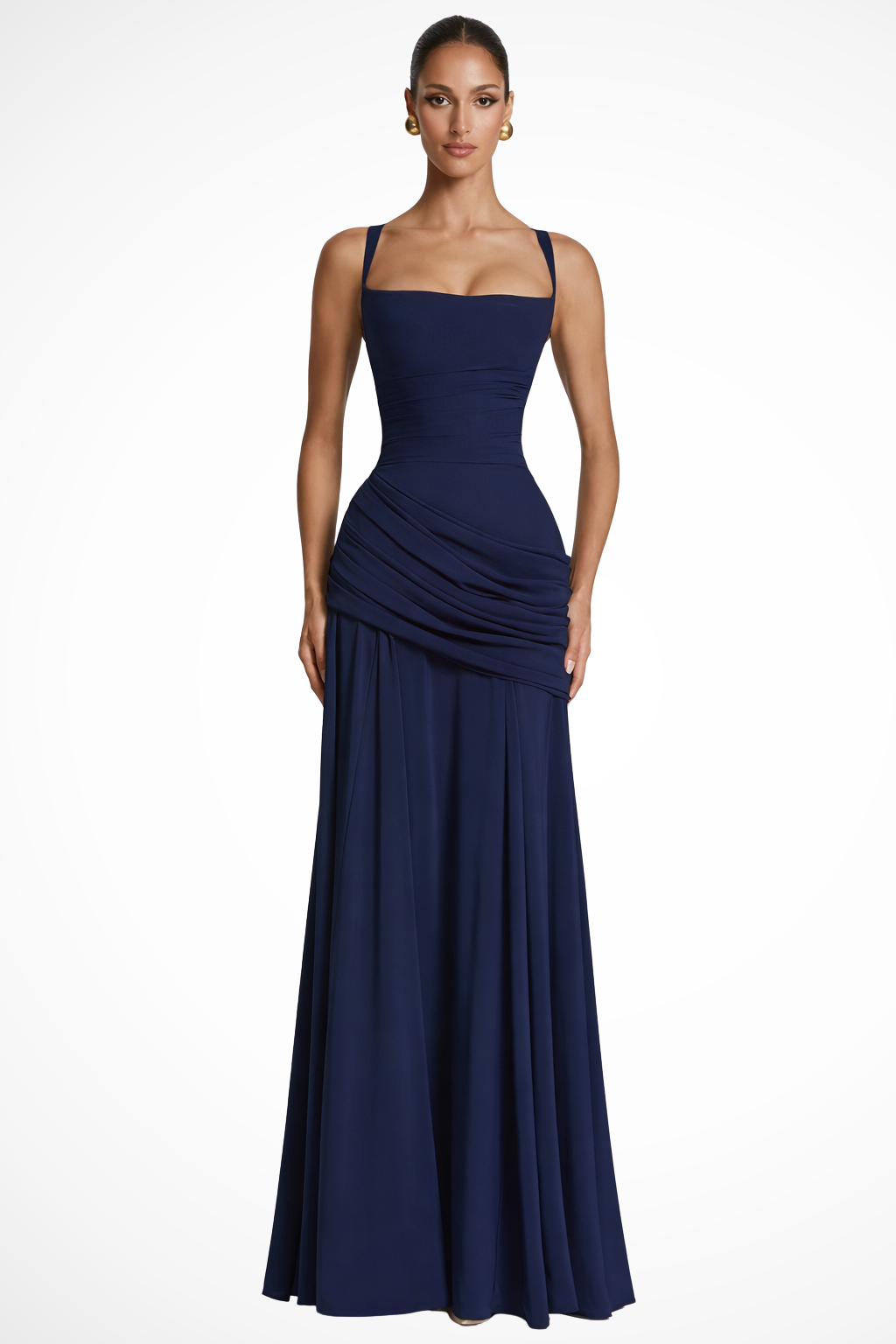Stylish women's A-line maxi wedding guest dress with ruched details. Ideal formal wear for special occasions and parties.