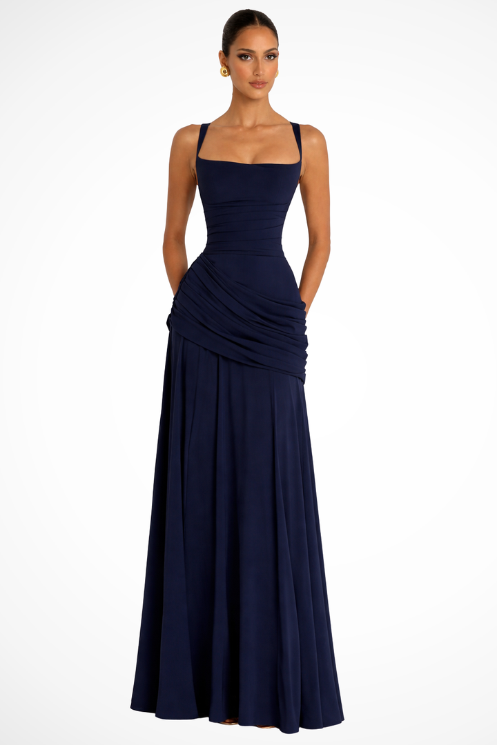 Fashionable women's ruched A-line maxi dress. This elegant formal gown is perfect for wedding guests and evening parties.