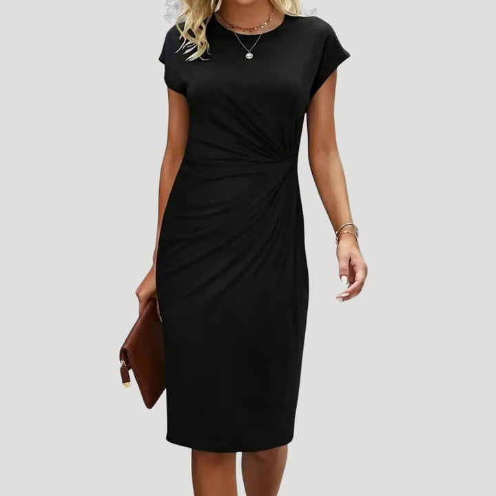 Elegant women's ruched cap sleeve midi dress, ideal for professional office wear. Sophisticated & versatile.