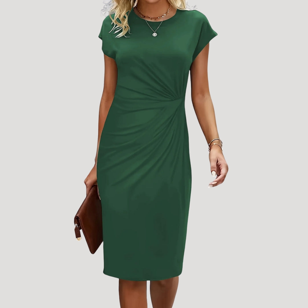 Fitted women's midi dress with flattering ruched details & chic cap sleeves. Perfect professional workwear.