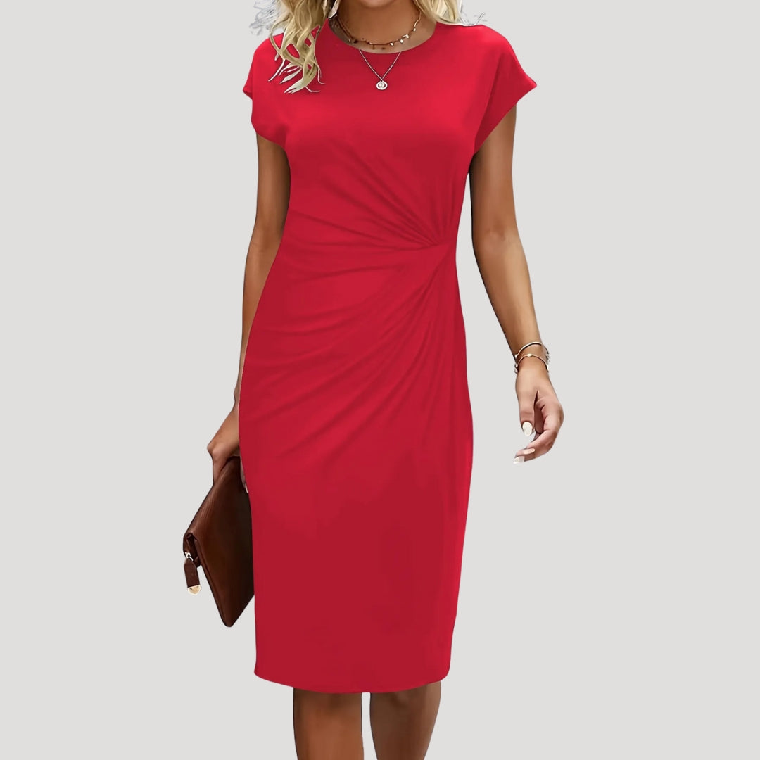 Sophisticated women's cap sleeve midi dress, featuring stylish ruching. Great for office & formal events.