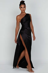 Sleek women's one-shoulder long dress with elegant ruching, ideal for wedding guests & parties.