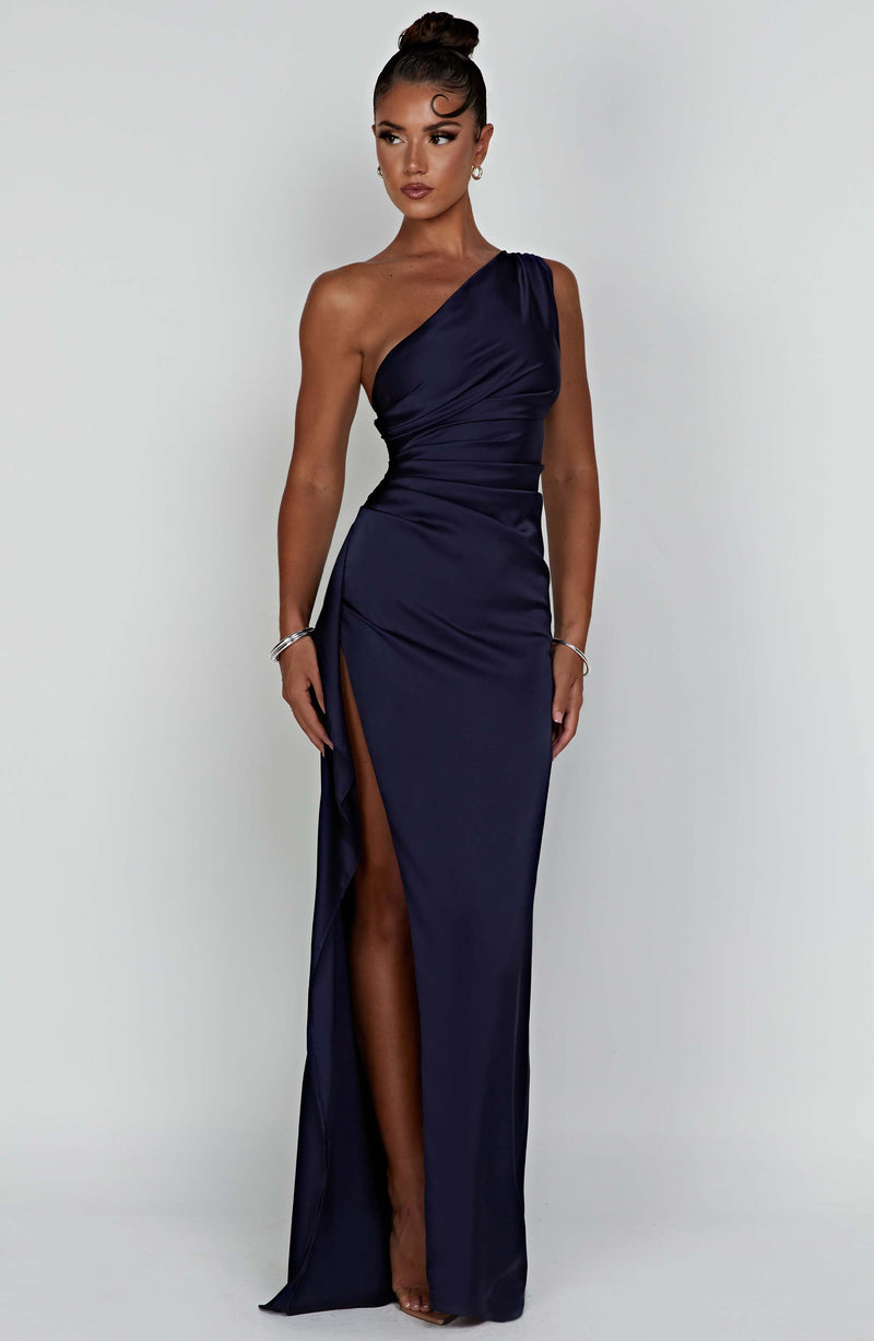 Beautifully ruched women's one-shoulder maxi dress, an elegant option for wedding guests.