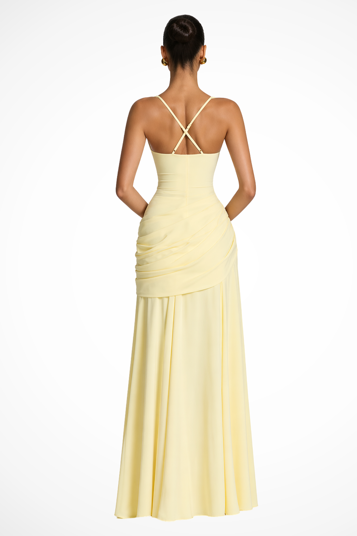 Women's elegant ruched spaghetti strap maxi dress. A stylish long formal gown for evening wear & special occasions.