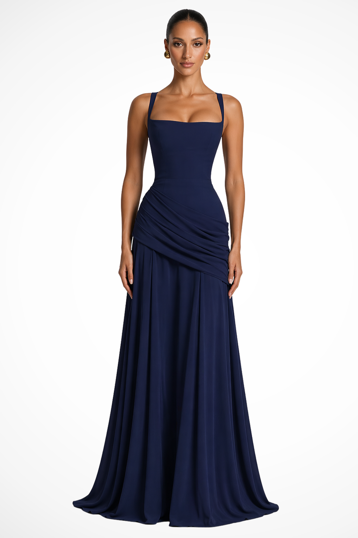 Flowy sleeveless women's maxi dress with elegant ruched details & spaghetti straps. Perfect for any formal event.