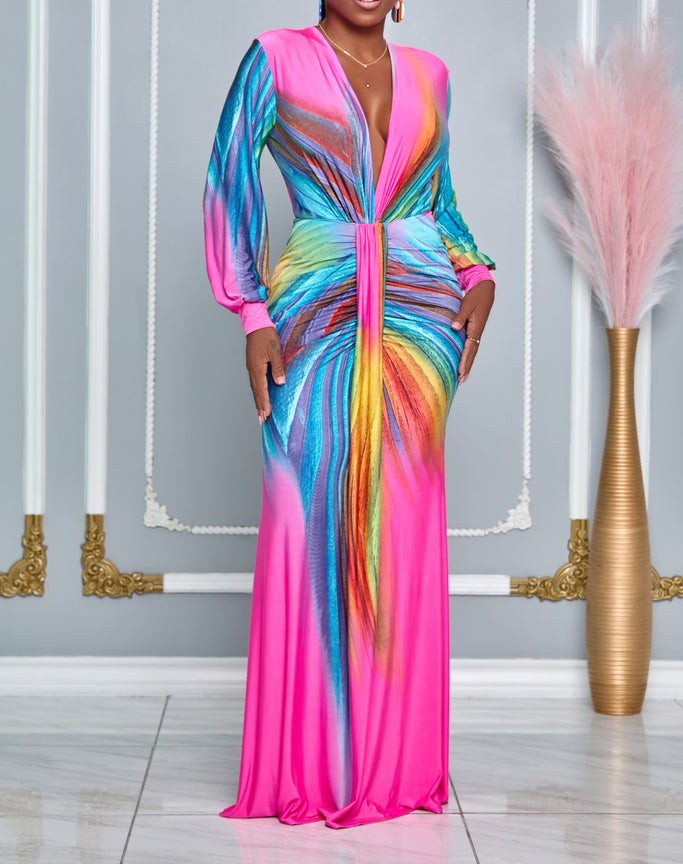 Elegant women's ruched V-neck control maxi dress, perfect for a flattering silhouette & evening events.