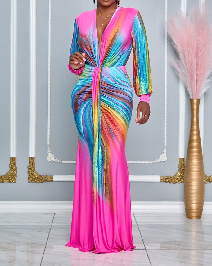 Women's pink ruched V-neck control maxi dress, an elegant bodycon party dress with a flattering fit.