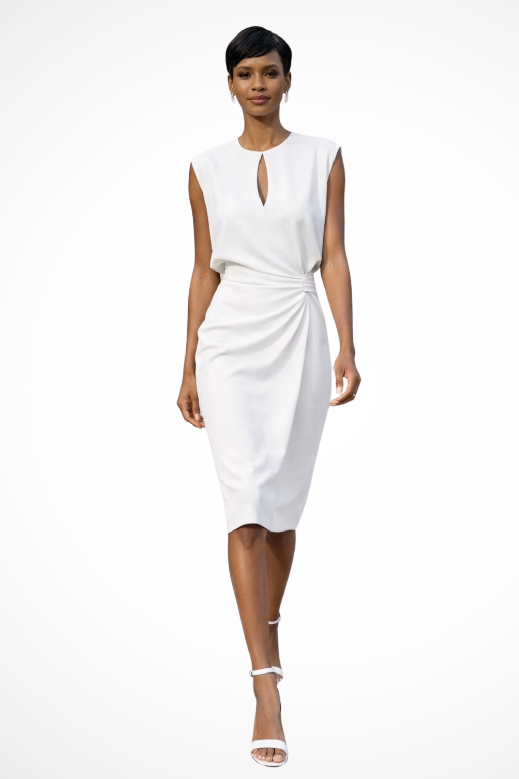 Stylish women's V-neck ruched midi dress, flattering wrap silhouette with cap sleeves, feminine style.