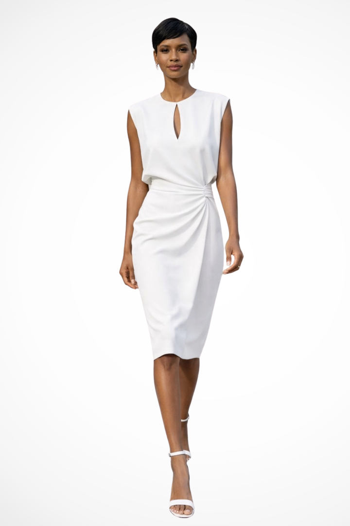 Stylish women's V-neck ruched midi dress, flattering wrap silhouette with cap sleeves, feminine style.