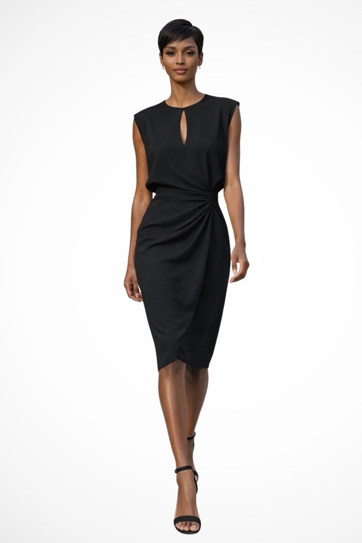 Close-up of elegant women's midi wrap dress, showcasing flattering ruched detail and soft fabric.