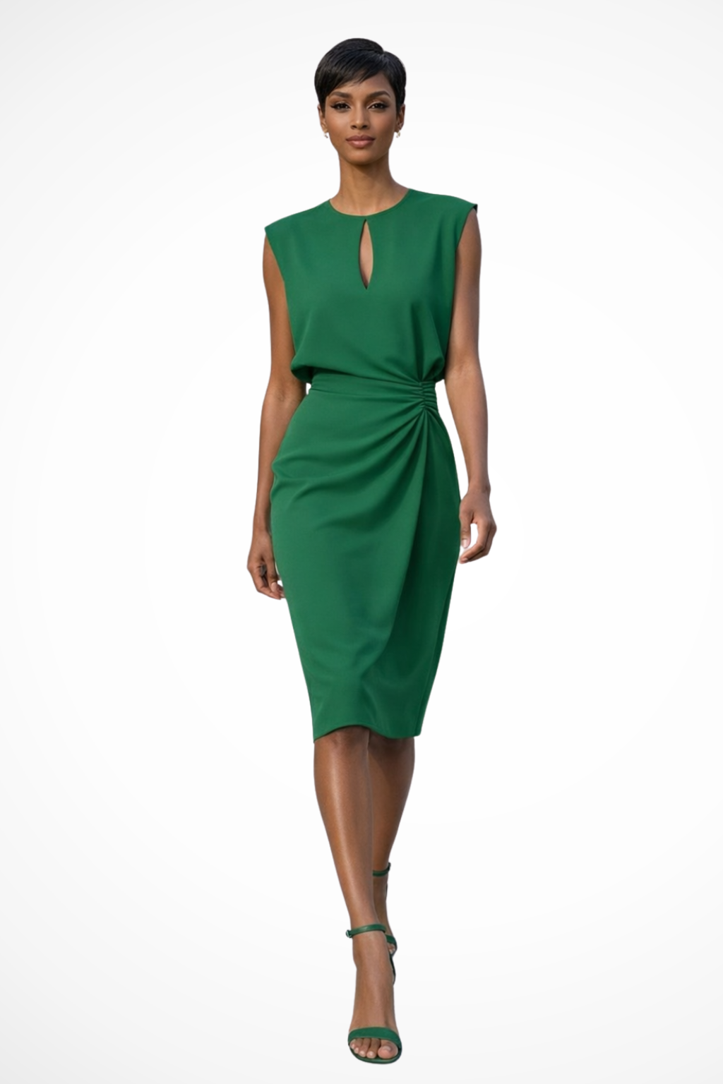 Sophisticated women's midi dress featuring elegant cap sleeves, deep V-neck, and chic ruched wrap design.