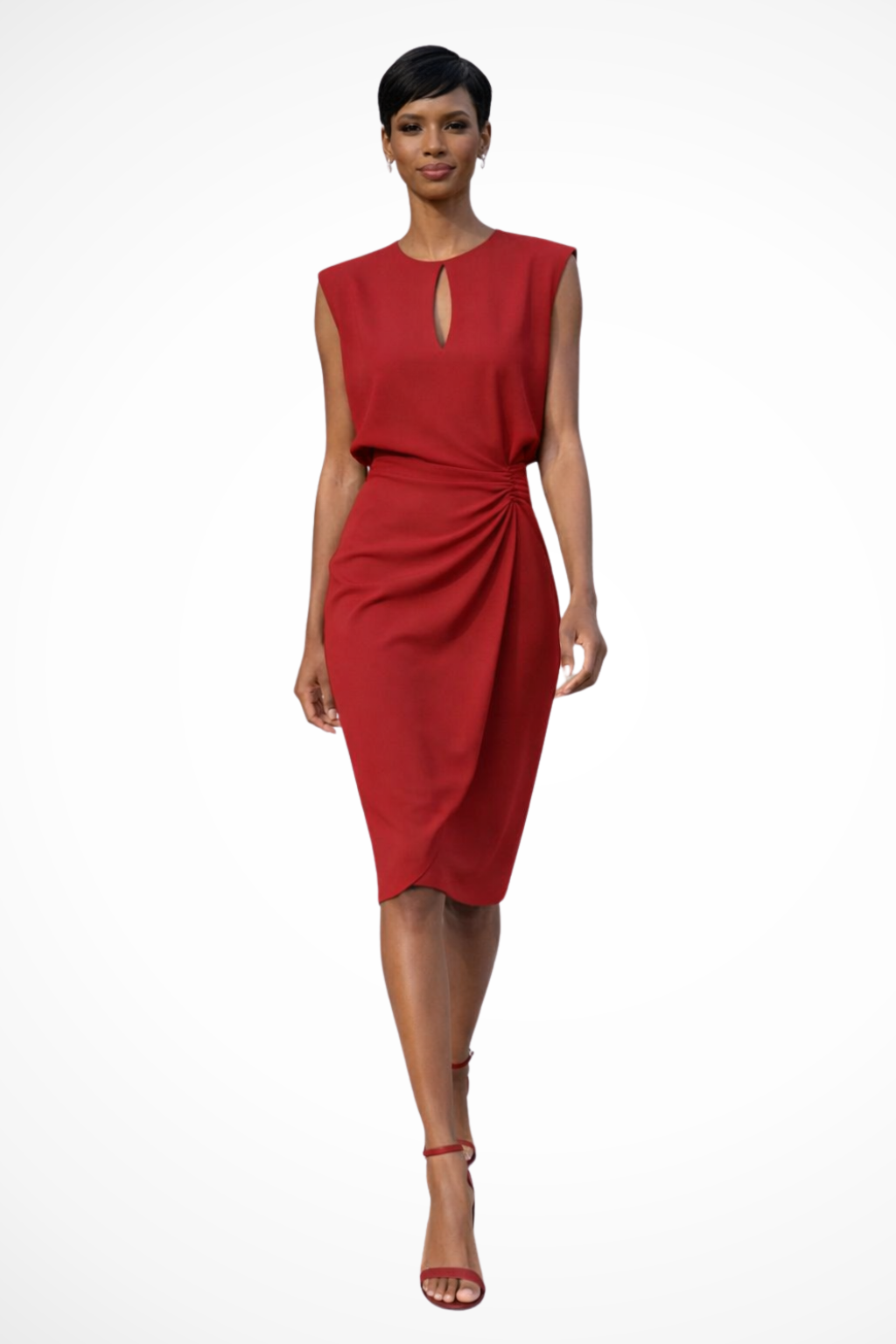 Feminine women's elegant midi party dress with stylish ruched wrap design and comfortable cap sleeves.